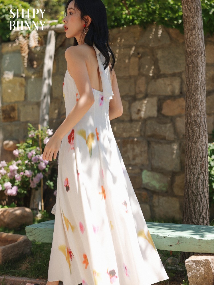 Midi Skirt Floral - Женское платье миди с воротником-халтером в